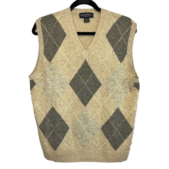 Brooks Brothers Men's Medium Camel Hair Sweater Vest Argyle Golf Club Preppy